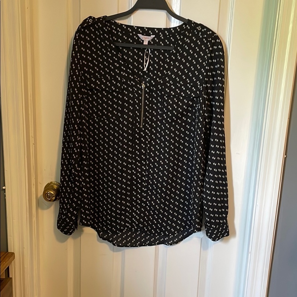 Black Dolman Sleeve Blouse with White Micro Print